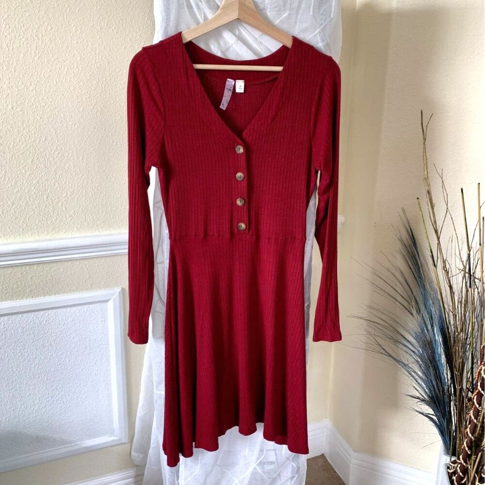 Deep Red Burgundy Ribbed Knit Henley Aline Long Sleeve Dress